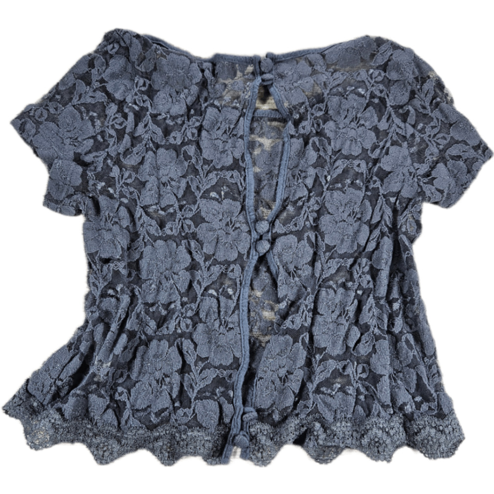 dilemma Women's Top XS Charcoal Blue Floral Lace Short Sleeve Blouse - Picture 5 of 5
